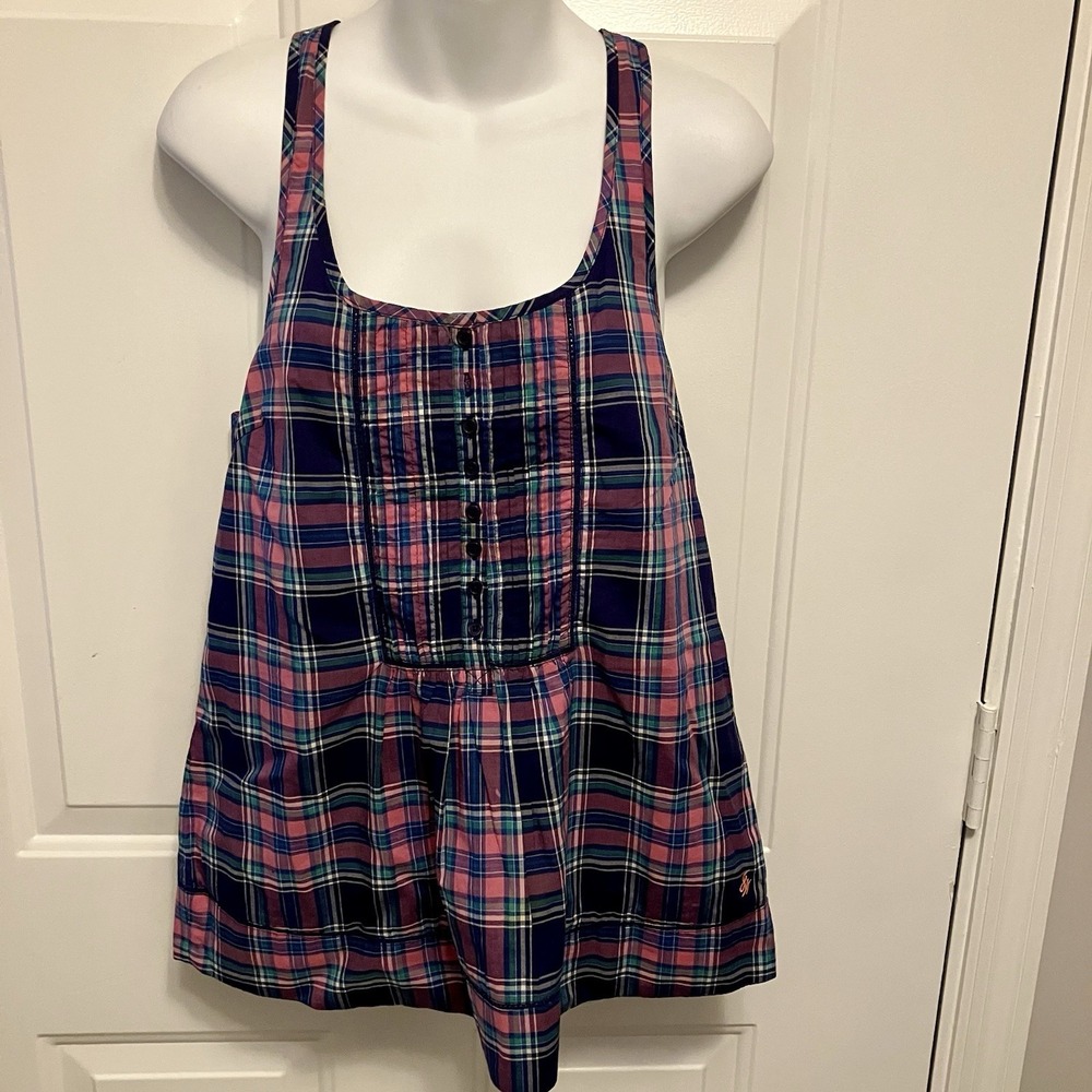 Jack Wills Women's Pink Blue Plaid  Babydoll Sleeveless Top Shirt US 12 UK 8